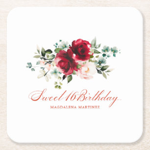 Sweet 16 Party Rood Roze Bloemen Custom Vierkante Kartonnen Onderzetter