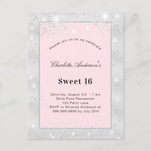 Sweet 16 party zilverkleurige roze glitter uitnodiging briefkaart