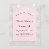 Sweet 16 party zilverkleurige roze glitter uitnodiging briefkaart (Voorkant)