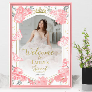Sweet 16 Photo Affiche de bienvenue papillon rose 