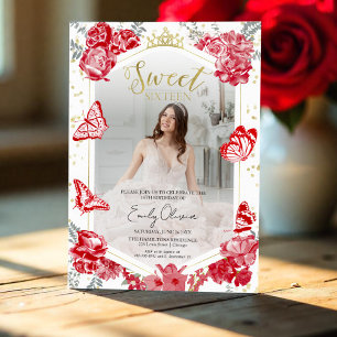Sweet 16 Photo Invitation Papillon rouge Floral