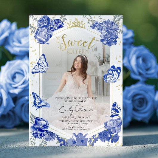 Sweet 16 Photo Invitation Royal Blue Butterfly