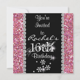 SWEET 16 PINK Birthday Party Invitation BLING Kaart