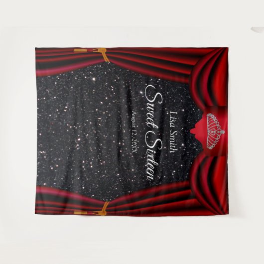 Sweet 16 Prinses Tiara Rood Gordijn Zwart Glitters Wandkleed (Voorkant (horizontaal))