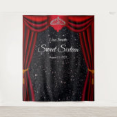 Sweet 16 Prinses Tiara Rood Gordijn Zwart Glitters Wandkleed (Voorkant)
