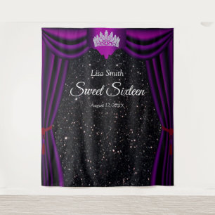 Sweet 16 Prinsessen Kroon Paarse Gordijn Zwart  Wandkleed