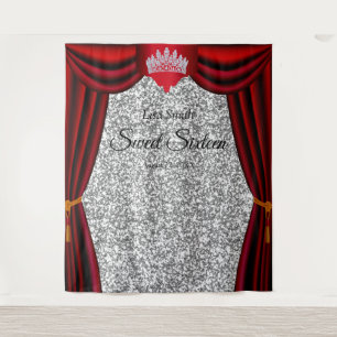 Sweet 16 Prinsessen Kroon Rood Gordijn Zilver Glit Wandkleed