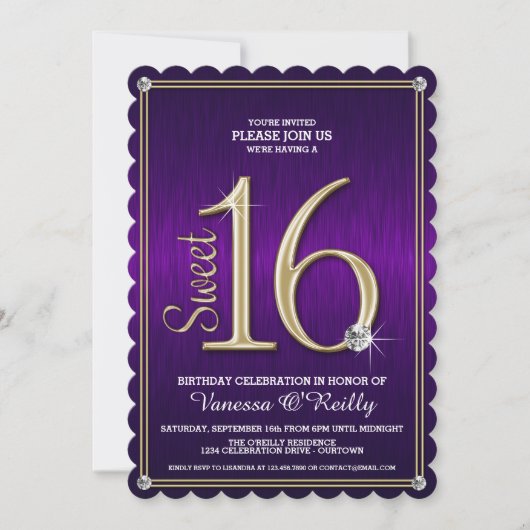 Sweet 16 Purple/Gold Metallic Party Invitations (Devant)