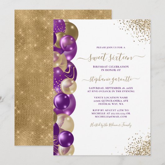 Sweet 16 Purple Gold Sparkle Balloon Invitation (Devant / Derrière)