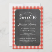 Sweet 16 Red Check Lights Rustic Chalk Uitnodiging (Voorkant)