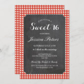 Sweet 16 Red Check Lights Rustic Chalk Uitnodiging (Voorkant / Achterkant)
