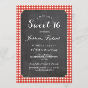 Sweet 16 Red Check Lights Rustic Chalk Uitnodiging