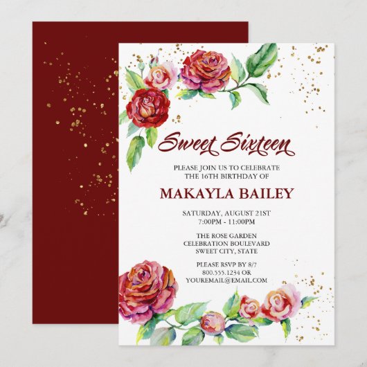 Sweet 16 Red Roses Gold Confetti Floral Kaart (Voorkant / Achterkant)