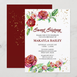 Sweet 16 Red Roses Gold Confetti Floral Kaart
