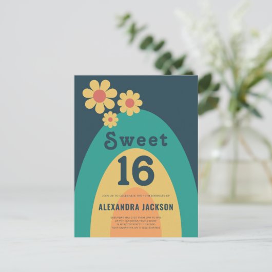 Sweet 16 Retro Daisy Arch Verjaardagsfeest Uitnodiging Briefkaart (Staand voorkant)