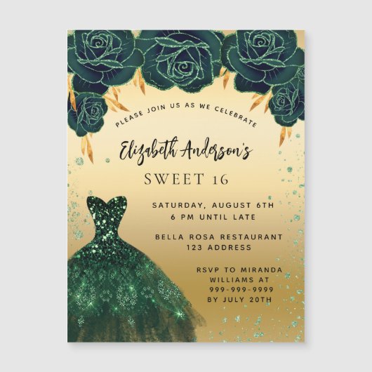 Sweet 16 robe d'or vert rose invitation aimant (Devant)