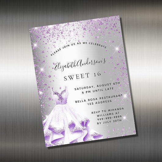 Sweet 16 robe violet argenté aimant invitation