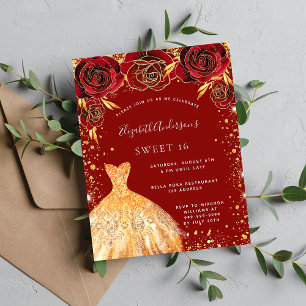 Sweet 16 rode gouden glitterjurk bloemen kaart