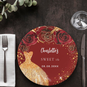 Sweet 16 rode gouden glitterjurk bloemen papieren bordje