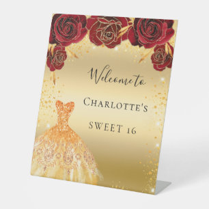 Sweet 16 rode gouden glitterjurk floraal welkom reclamebord met voetstuk