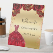 Sweet 16 rode gouden jurk, welkom reclamebord met voetstuk (Insitu)