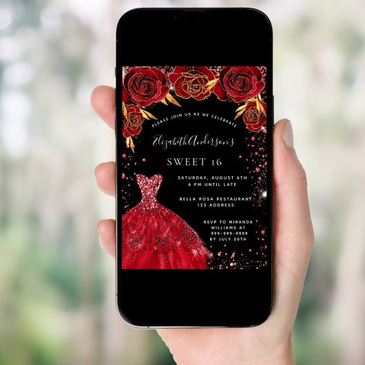 Sweet 16 rode zwarte mousserende jurk bloemen kaart