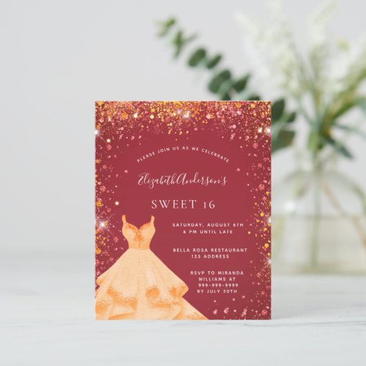 Sweet 16 rood goud glitter jurk uitnodiging (Staand voorkant)