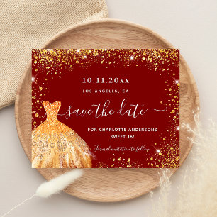 Sweet 16 rood goud jurk save the date kaart