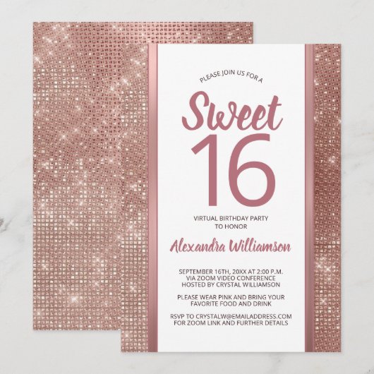 Sweet 16 Roos Gold Glam Chic Virtual 16th Birthday Kaart (Voorkant / Achterkant)