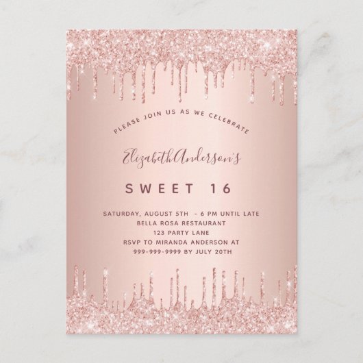 Sweet 16 roos gold pink drips uitnodiging briefkaart (Voorkant)