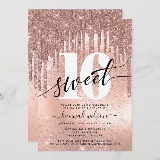 Sweet 16 Roos Gold Trendy Invitation Kaart (Voorkant / Achterkant)