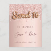 Sweet 16 roos goud glitter roze behalve de datum aankondigingskaart (Voorkant)