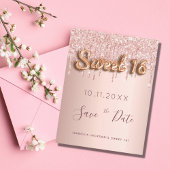 Sweet 16 roos goud glitter roze behalve de datum aankondigingskaart