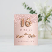 Sweet 16 roos goud glitter roze behalve de datum aankondigingskaart (Staand voorkant)