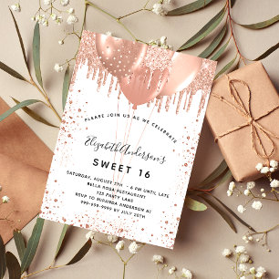 Sweet 16 roos goud witte glitterballonnen luxe kaart