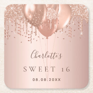 Sweet 16 roos goudballonnen monogram glitter 16th vierkante kartonnen onderzetter