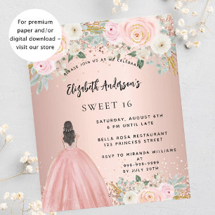 Sweet 16 roos gouden bloemen jurk budget uitnodigi