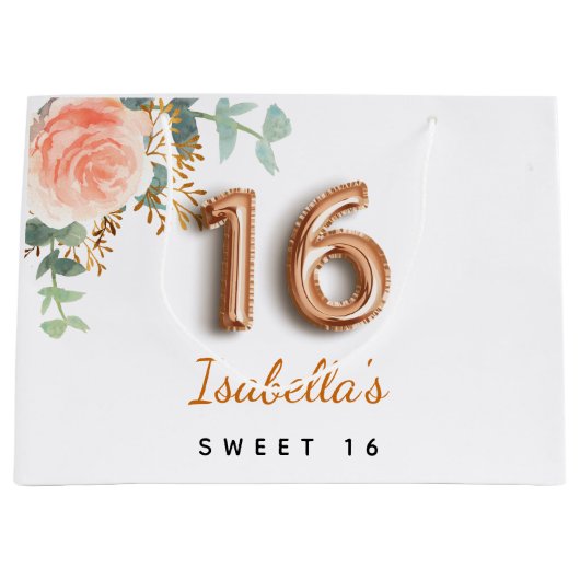 Sweet 16 roos gouden eucalyptusverjaardag groot cadeauzakje (Voorkant)