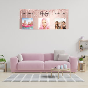 Sweet 16 roos gouden glitter druppels fotofeest spandoek