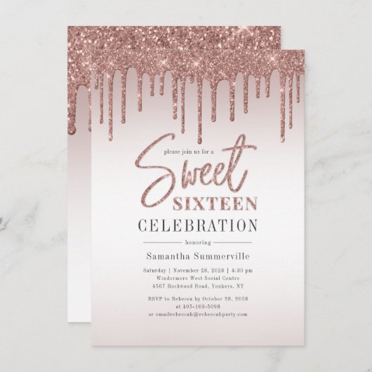 Sweet 16 Roos Gouden Glitter Script Verjaardagsfee Kaart (Voorkant / Achterkant)