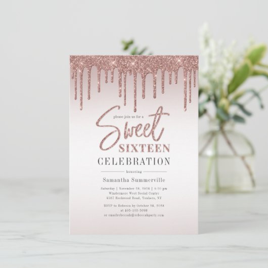 Sweet 16 Roos Gouden Glitter Script Verjaardagsfee Kaart (Staand voorkant)