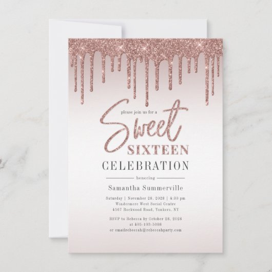 Sweet 16 Roos Gouden Glitter Script Verjaardagsfee Kaart (Voorkant)