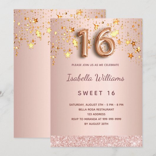 Sweet 16 roos gouden roze sterren script kaart (Voorkant / Achterkant)