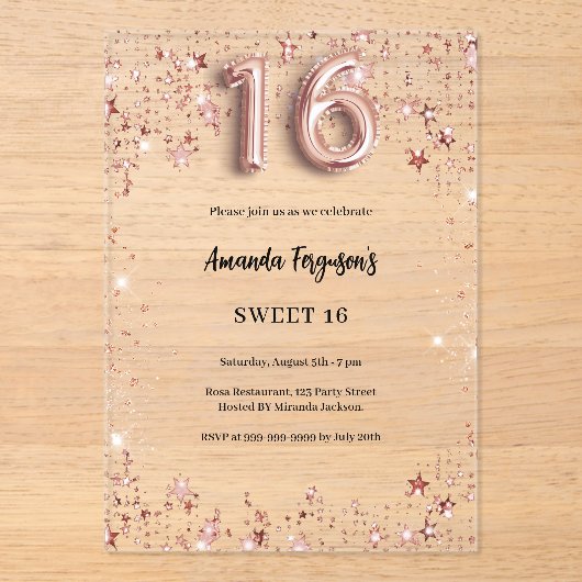 Sweet 16 roos gouden sterren Clear Party Acryl Uitnodigingen (Voorkant)