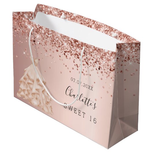 Sweet 16 roos goudglitter-jurk groot cadeauzakje (Achterkant Gekanteld)