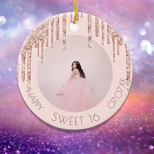 Sweet 16 roos goudglitter keramisch ornament