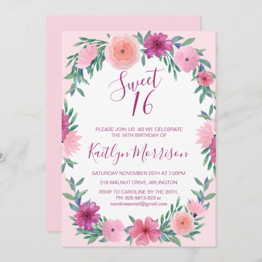 Sweet 16 Rose Floral Invitations Anniversaire (Devant / Derrière)