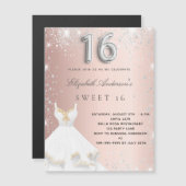 Sweet 16 rose or argent robe magnet invitation (Devant / Derrière)