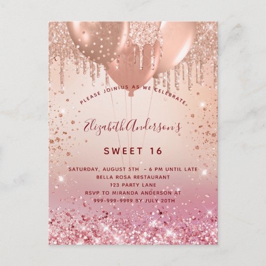 Sweet 16 roses or rose ballons invitation budget (Devant)