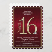 Sweet 16 Rouge/Or Metallic Look Party Invitations (Devant / Derrière)